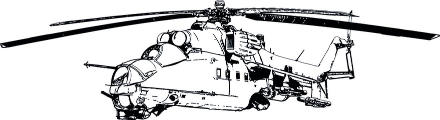 Black and white vector image of a military helicopter with combat machine guns and grenade launchers