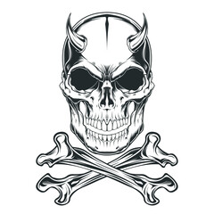 Vintage skull devil and crossbones horns monochrome template.