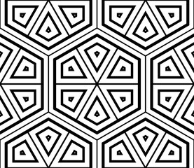 Abstract black and white halftone hexagon, triangle seamless pattern. Geo shape background. Mosaic, tile of thin line ornament.