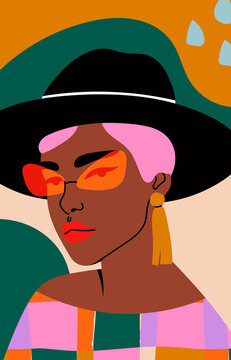 Beautiful black Woman in red sunglasses and bright shirt. Closeup fashion portrait of cute young lady. Hand drawn Vector illustration. Template for card, poster, banner, t-shirt print