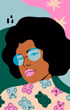 Beautiful black Woman in blue sunglasses and bright shirt. Closeup fashion portrait of cute young lady. Hand drawn Vector illustration. Template for card, poster, banner, t-shirt print