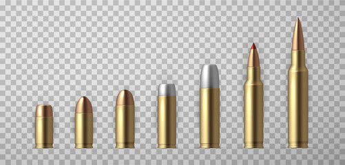 Fototapeta Collection of realistic bullet vector illustration. Set of weapon ammo various types and size obraz