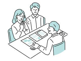 提案、説明、プレゼン、交渉、契約、将来設計、ミーティング資料に使えるビジネスシーンイラスト
Vector illustration , business meeting, teamwork, professional skill,Creative ,web banner, marketing ,
presentation meeting marketing Business  seen