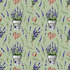 Floral watercolor pattern with lavender in a pot on a green background.Bouquet of spring purple flowers. Suitable for fabric, textile, wallpaper, decor.