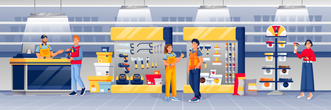 People shopping in hardware shop. Man at counter selling drill to guy, woman choosing paint, assistants standing vector illustration. Tools and materials store interior design panorama