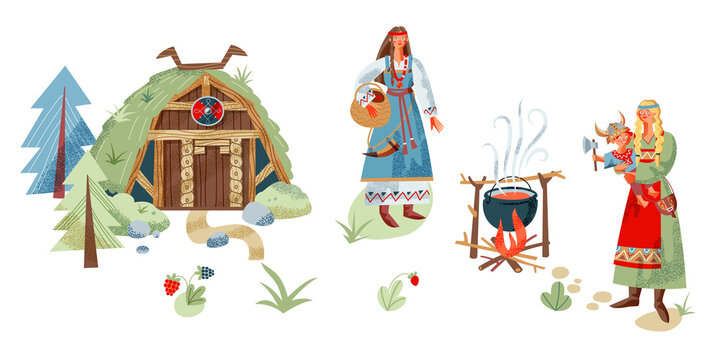 Women with kid cooking food on fire near viking house in nature. Medieval Norway elements vector illustration. Girl with berries, pot, child, wooden home on white background
