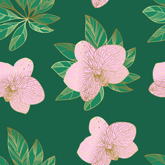 Floral collection of vector patterns. Floral seamless pattern with gold edging. All illustrations are drawn entirely by hand.