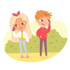Kids talking on phone in park. Little boy and girl chatting on smartphones. Children with mobile devices vector illustration. Outdoor activities with electronics in nature