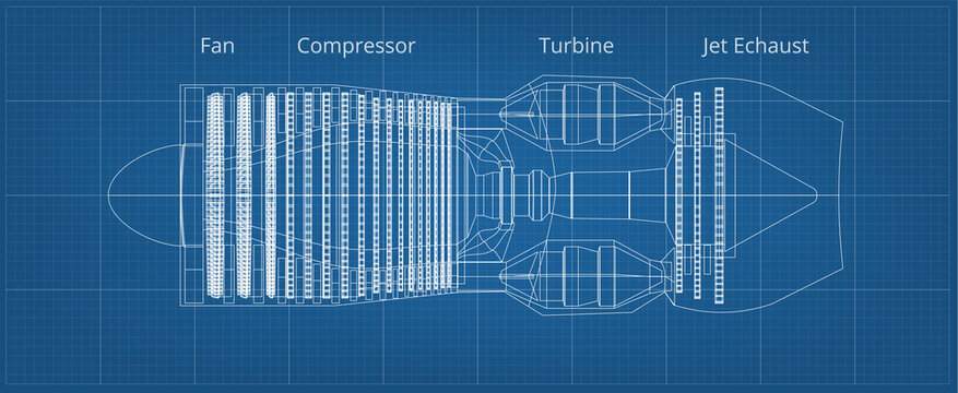 Commercial Airplane Jet Engine Blueprint Side View