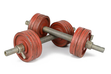 Two stacked bodybuilding dumbbells, lying on top of one another