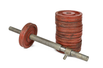 Bodybuilding dumbbell bar. A disk is put on one end, a lock is put on the other end. Several discs are stacked