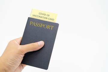 Passport with vaccination certificate for COVID-19 person record card. Immune passport or certificate for Get vaccinated before travel. Vaccination, disease immunity passport, health