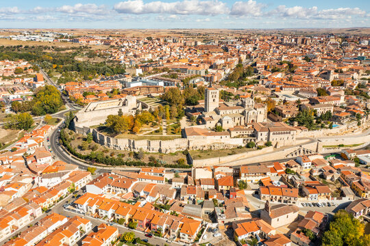 Aerial view of Zamora medieval castle on hilltop in Zamora township during a sunny day, Castilla Leon, Spain.