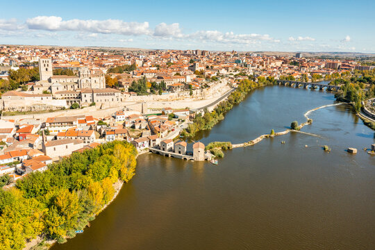 Aerial view of Zamora cathedral in Zamora township along Douro river, Castilla y Leon, Spain.