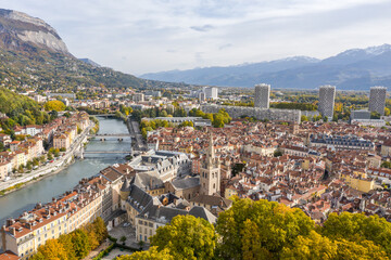 Aerial view of Grenoble downtown, Grenoble, Auvergne-Rhone-Alpes, France.