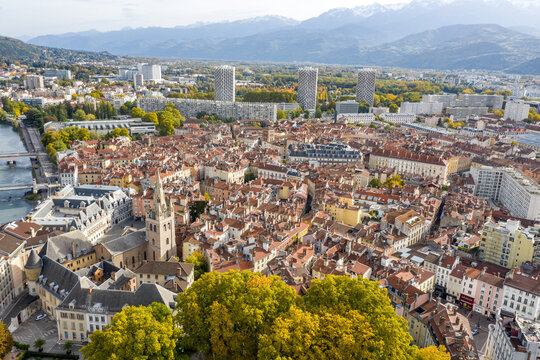 Aerial view of Grenoble downtown, Grenoble, Auvergne-Rhone-Alpes, France.