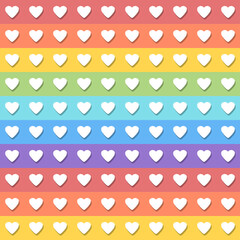Geometric pattern with hearts on rainbow colored background. Flat cartoon style