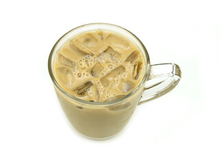 Iced coffee or caffe latte in glass on white background.