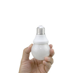 Man's hand holding LED bulb isolated on white background