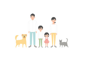 Family portrait. Parents, children and pets. Portrait of family members standing together. Vector illustration in cartoon style isolated on white.