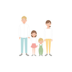 Family portrait. Parents and children. Portrait of family members standing together. Vector illustration in cartoon style isolated on white.