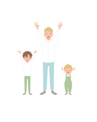 Obraz premium Family portrait. Happy family standing together with raised hands. Smiling father and child isolated on white background. Colorful vector illustration in flat style