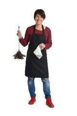 front view of a woman with feather duster on white background