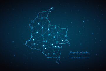 Abstract map of Colombia geometric mesh polygonal network line, structure and point scales on dark background. Vector illustration eps 10