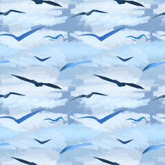 Seamless pattern, birds in the clouds, paper texture, paint texture.