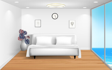 white bed in bedroom on the house on the beach