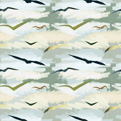 Seamless pattern, birds in the clouds, paper texture, paint texture.