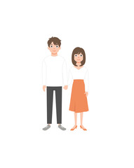 Fototapeta premium Pair of adorable man and woman standing together and holding hands. Cute modern couple. Cartoon characters isolated on white background. Colored vector illustration in flat style.