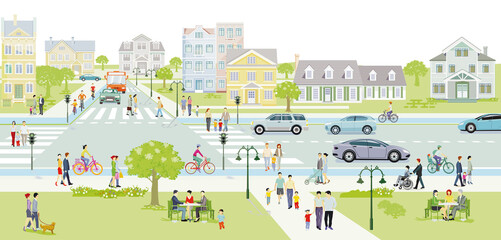 Familien und Menschen auf dem Bürgersteig mit Straßenverkehr Illustration © scusi