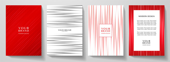 Modern cover design set. Creative dynamic line pattern in red, white, black color. Premium stripe vector layout for business background, certificate, brochure template, booklet