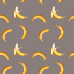 Peel and whole Banana seamless pattern on grey background. Trendy colors Summer tropical exotic fruit pattern, concept. Nature background., gift wrapping paper, textile print design.