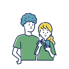 スマホを見る若いカップルのイラスト素材