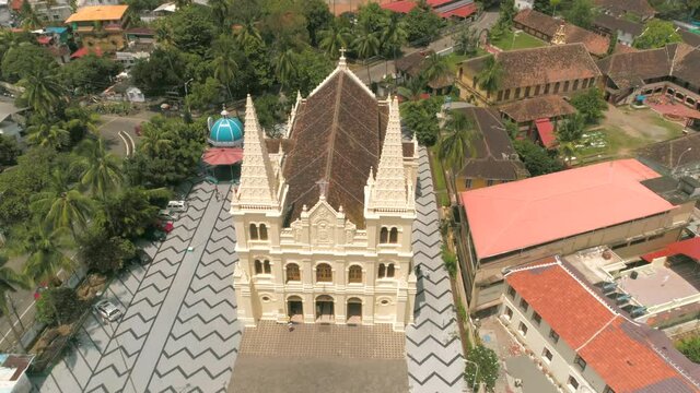 Aerial View of The Santa Cruz Cathedral Basilica at Fort Kochi, Kochi, Kerala India. Drone Shot