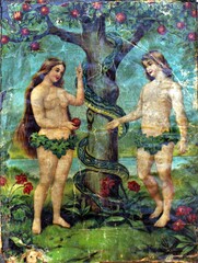 an old printed picture of Adam and Eve under the apple tree - obrazy, fototapety, plakaty