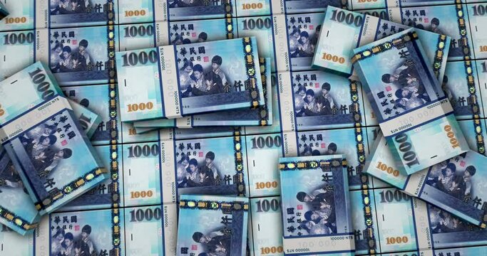 Taiwan Dollar banknotes 3d animation. Camera view from close to long distance. TWD money packs. Concept of inflation, economy, crisis, business, success, banking, debt and finance.