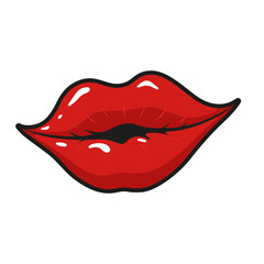 Female lips painted with red lipstick icon. Lady, feminine pretty smile. Sticker design. Woman kiss.