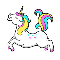 Unicorn with multicolored mane and tail cartoon icon. Fabulous animal, fairy prancing horse.