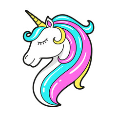 Unicorn head with horn, rainbow mane and closed eyes. Fairy creature cartoon icon.