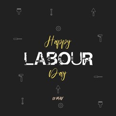 Fototapeta na wymiar Happy 1st may letter vector background. Labour Day logo concept with wrenches. International Workers day illustration for greeting card, poster design. Different types of industrial tools. 