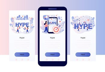 Hype concept. Social media viral or fake content. Internet trends. Hype marketing. Bloggers, celebrities need more likes. Screen template for mobile, smartphone app. Modern flat cartoon style. Vector 