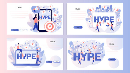 Hype concept. Social media viral or fake content. Tiny people following internet trends. Hype marketing. Screen template for landing page, template, ui, web, mobile app, poster, banner, flyer. Vector