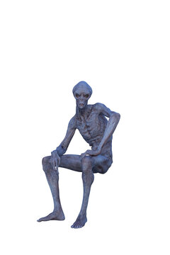 3D rendering of a blue grey alien man sitting isolated on white.