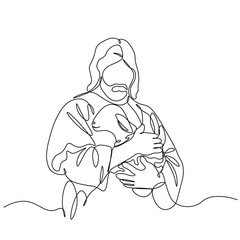 One continuous one drawn line art doodle of a spiritual Jesus Christ with the lamb .Isolated image of a hand-drawn outline on a white background.