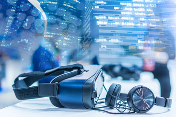 Equipment for immersion in virtual reality. Glasses. Headphones. Concept - selling glasses for...