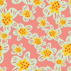 Summer floral seamless pattern with blue flowers shapes ornament. Pink background. Random bloom print.