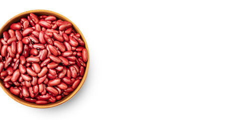 Top view of Kidney beans in wooden bowl on white background, copy space